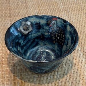 Phil’s handmade pottery bowl with flower & Rooster design!